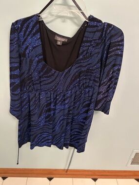 Dress Barn Blue and Black Sparkle Zebra Print V-Neck Top